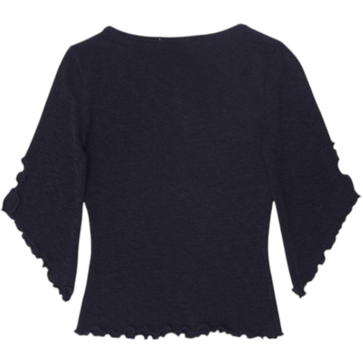 Y2K Ladies Top Black Ribbed Flared Sleeve Ruffle Hem