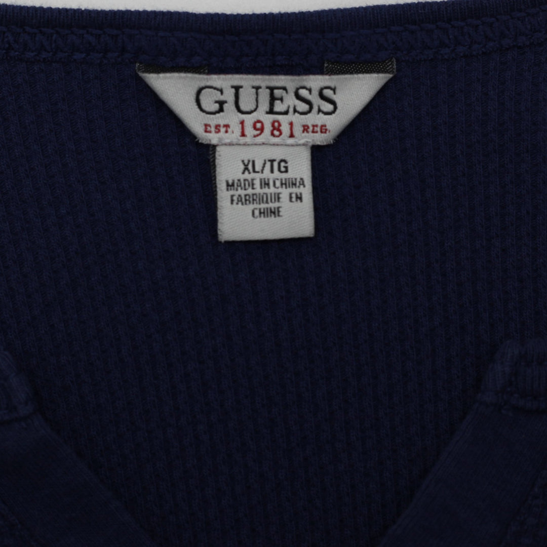 Y2K Ladies GUESS Blue Thermal Script Logo Long Sleeve Top Size XL