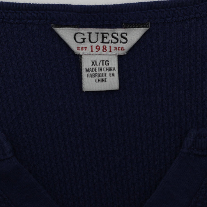 Y2K Ladies GUESS Blue Thermal Script Logo Long Sleeve Top Size XL