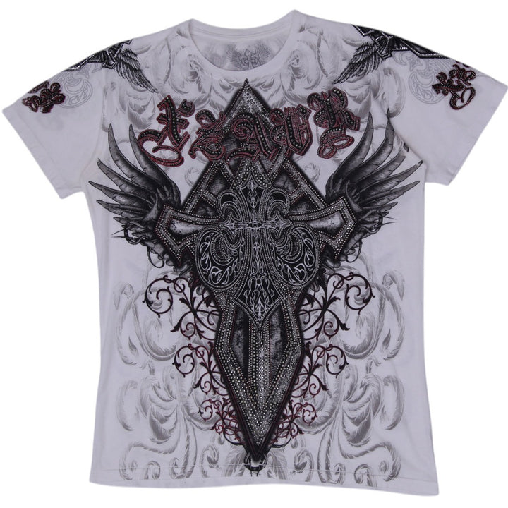 Y2K XZAVIER AXR Graphic T-Shirt White Cross Wings Rhinestone Gothic MMA Men's L