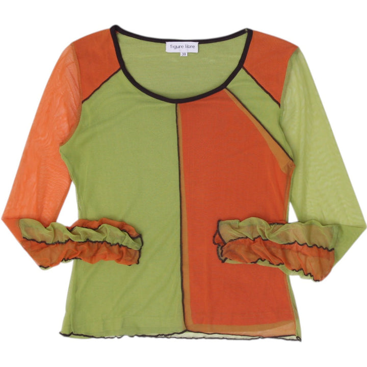 Y2K Ladies Figure Libre Color-Block Mesh Top Lime Green & Burnt Orange
