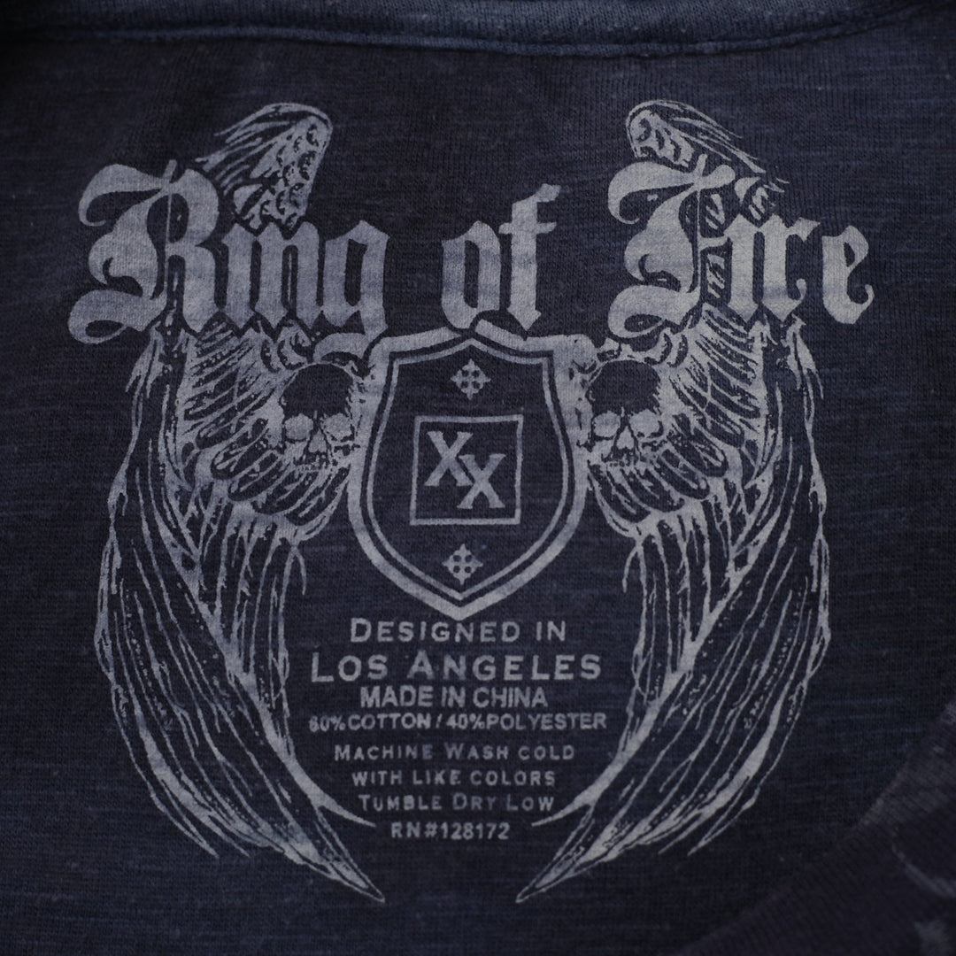 Y2K Mens Ring of Fire Navy Blue Tie-Dye Dragon Graphic T-Shirt Size 2XL