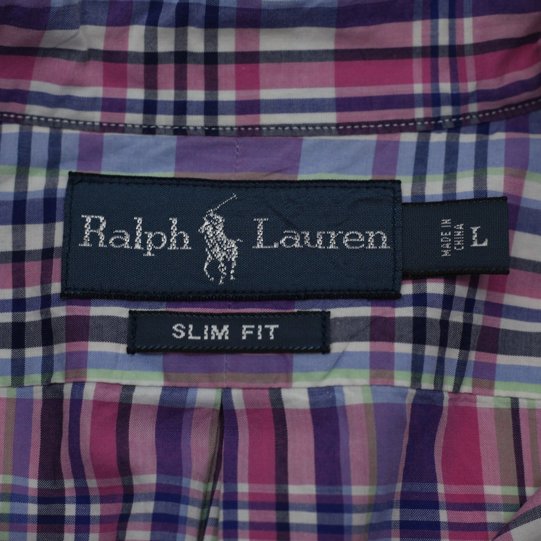 Mens Ralph Lauren Slim Fit Shirt Pink Plaid Cotton Casual