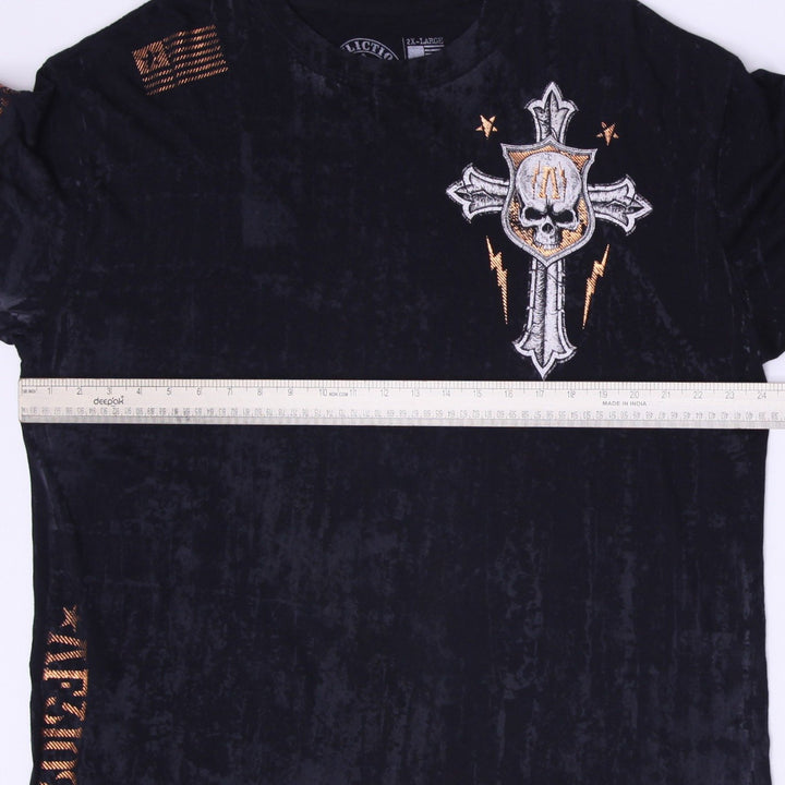 Y2K Mens Affliction Live Fast Lava Wash Cross Wings Skull T-Shirt Size 2XL