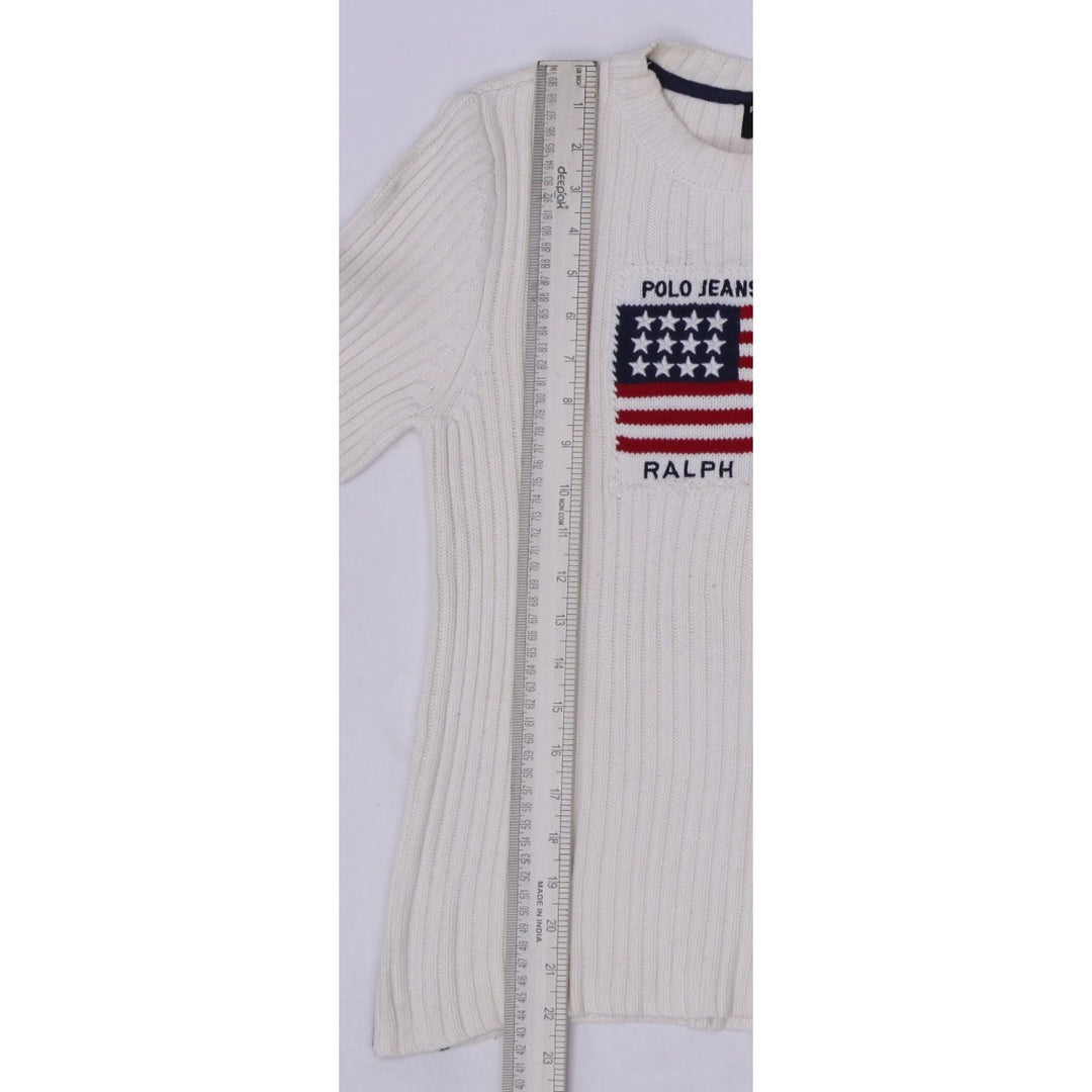 Vintage Ladies Polo Jeans Company Ralph Lauren Cream Ribbed American Flag Knit Sweater
