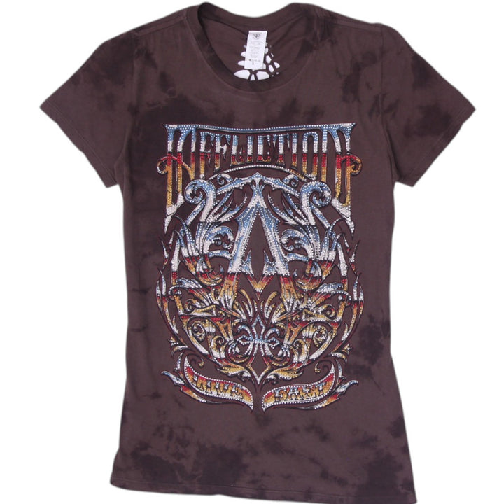 Y2K Ladies Affliction Distressed Graphic Tee Brown Lava Wash Braided Spine Back