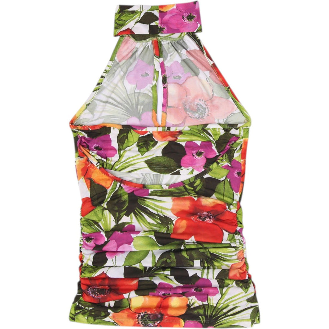 Y2K Ladies Tropical Hibiscus Floral Mock Neck Keyhole Halter Top