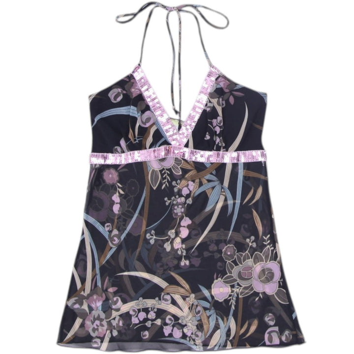 Y2K Ladies Black Floral Sheer Lightweight Halter Neck Top Made in USA Size S