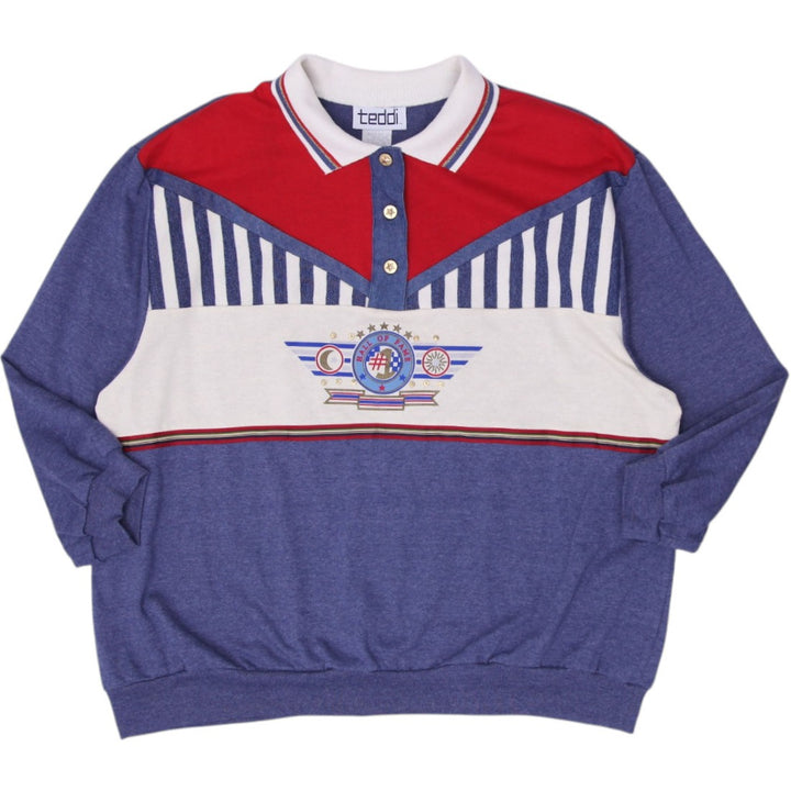 Vintage Mens Teddi Polo Blue Graphic Striped Quarter Sleeve Size 2X | Migration_T-Shirts | Fashion Rerun