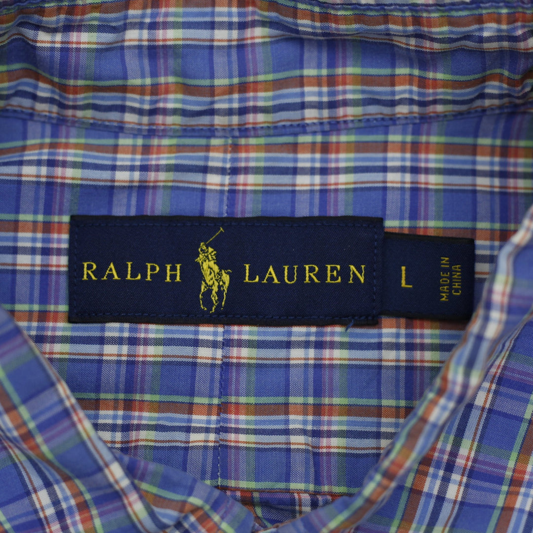 Mens Ralph Lauren Shirt Blue Plaid Pattern Classic Fit Cotton
