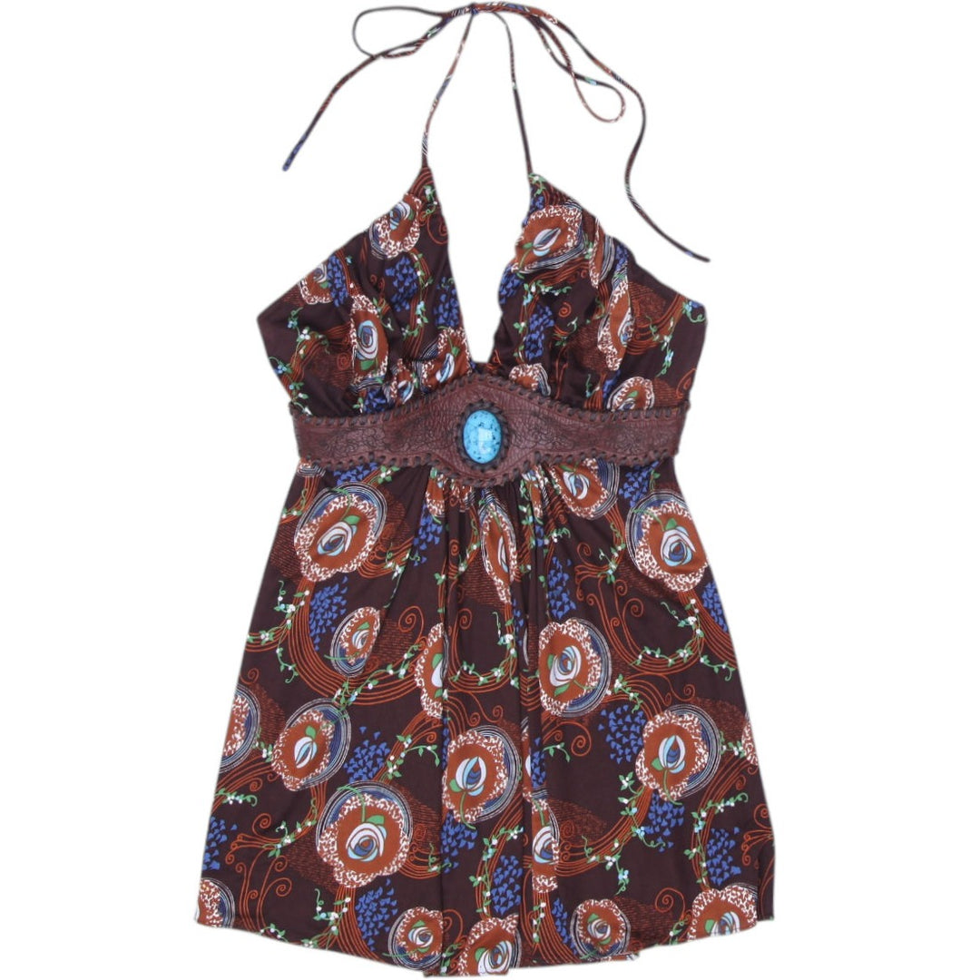 Shop Y2K Boho Floral Halter Mini Dress Size M