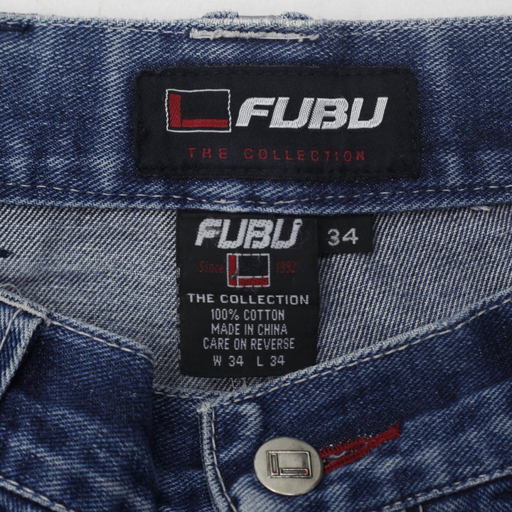 Y2K Mens FUBU Denim Jeans Washed Blue Straight Fit Embroidered 34