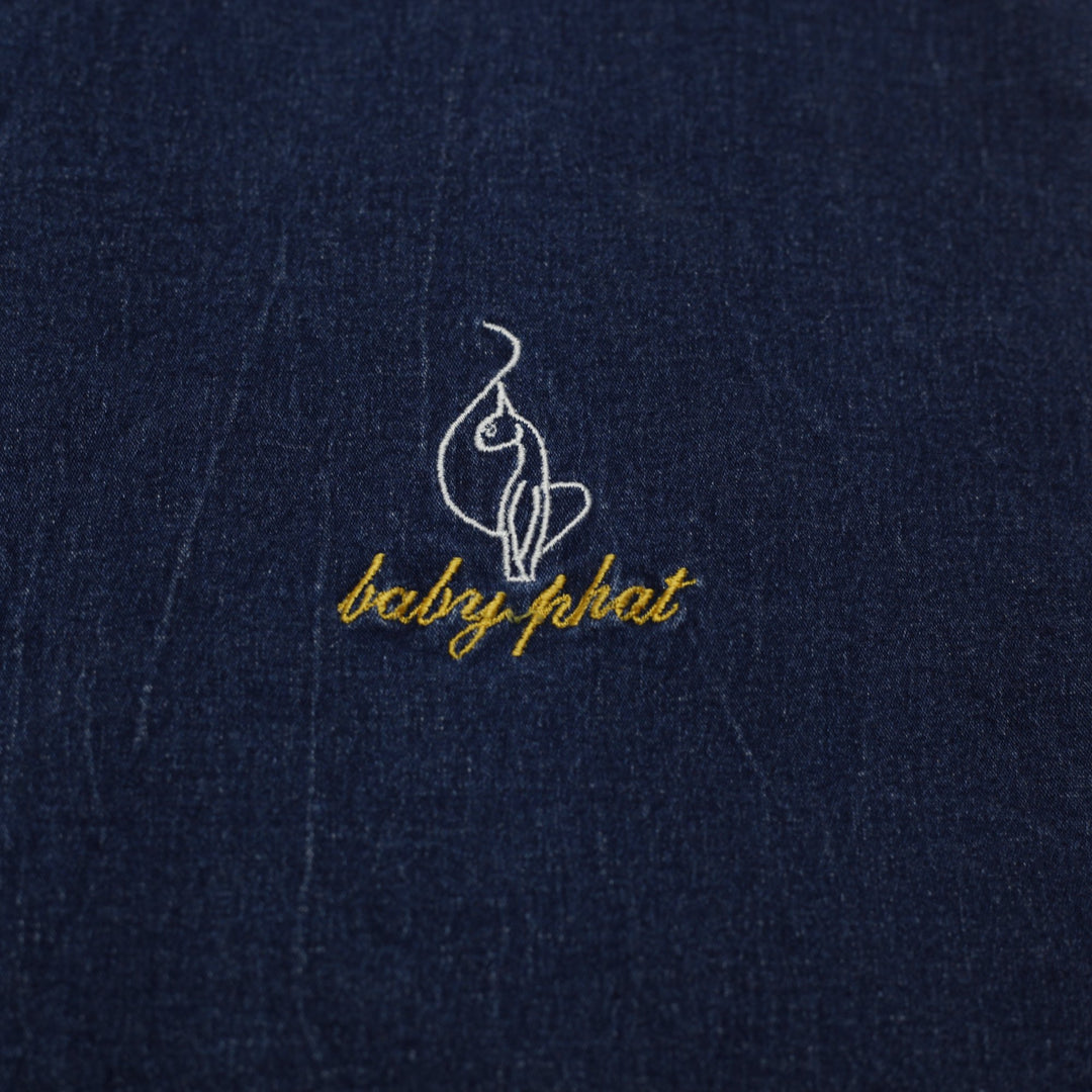 Y2K Ladies Baby Phat Asymmetrical Gold Cat Logo Frayed Fringe Hem Denim Skirt