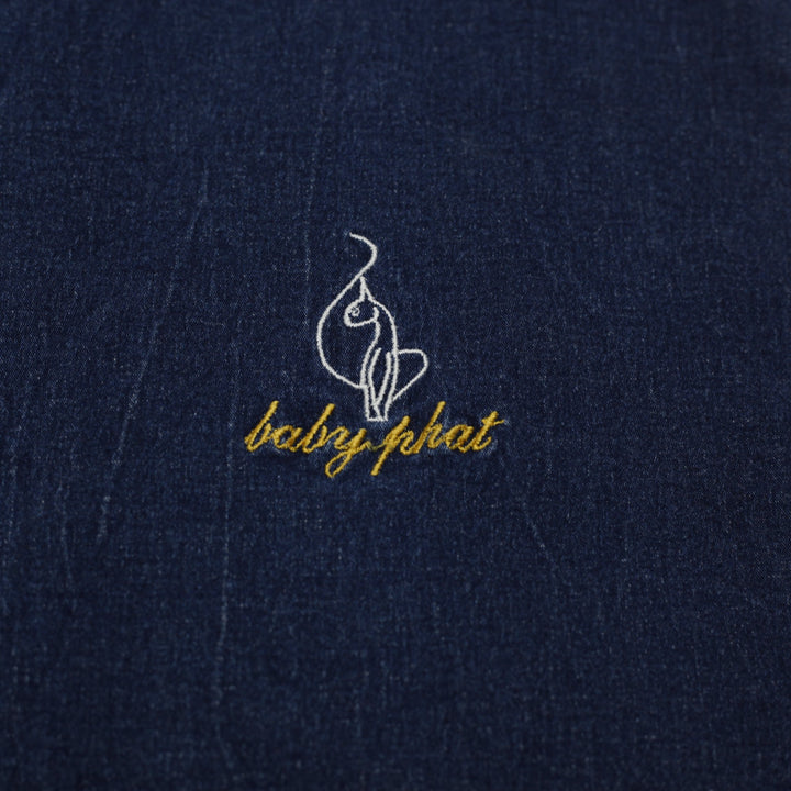 Y2K Ladies Baby Phat Asymmetrical Gold Cat Logo Frayed Fringe Hem Denim Skirt