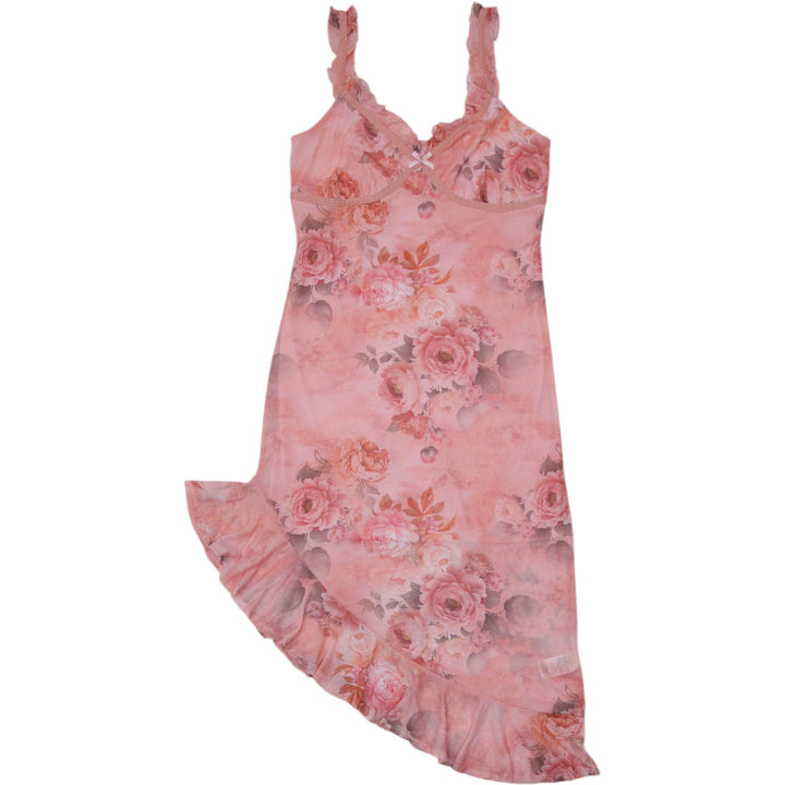 Y2K Ladies Almost Famous Nightgown Pink Floral Sleeveless Ruffle Size L
