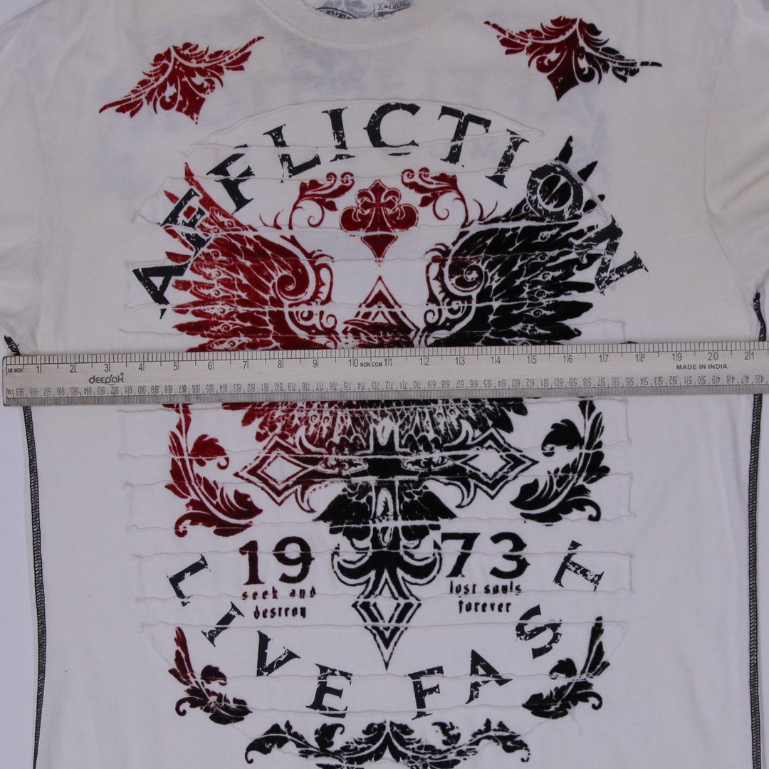 Y2K Mens Affliction Live Fast Winged Crest T Shirt White Made in USA Size XL