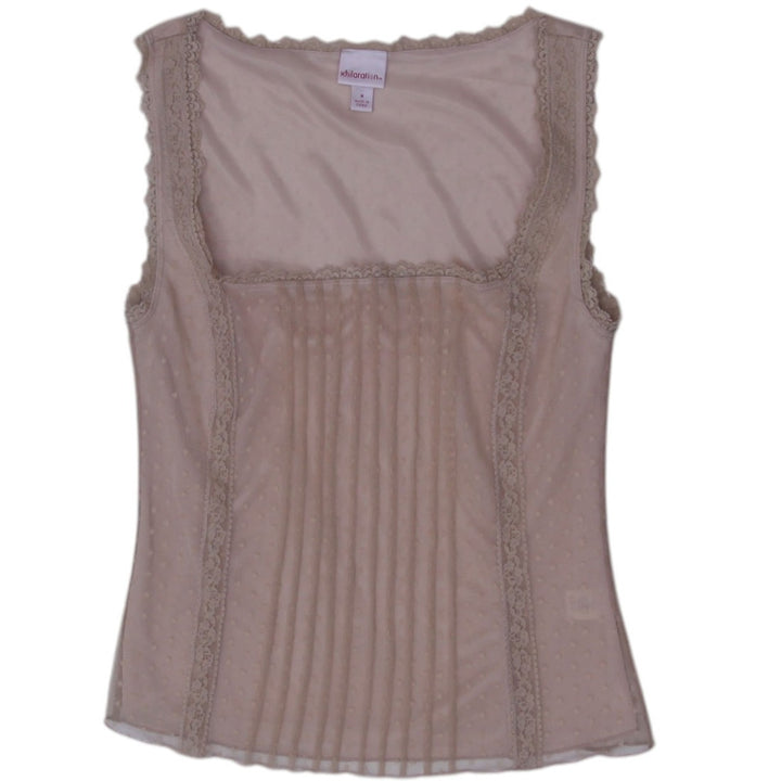 Y2K Ladies Beige Lace Sheer Sleeveless Top Size M | Migration_Y2K Tops | Fashion Rerun