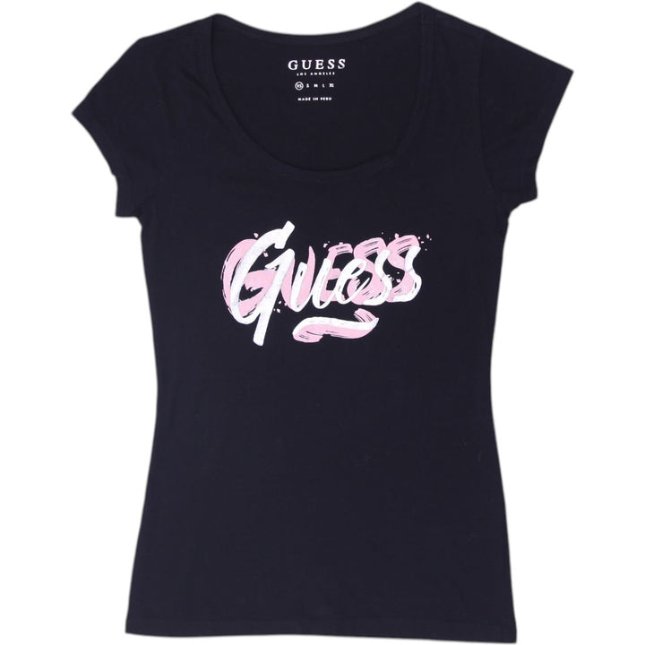 Y2K Ladies Guess Graphic T-Shirt Black Size XS