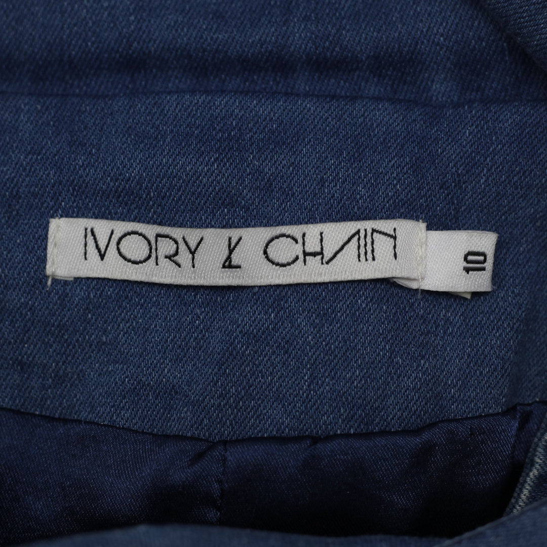 Y2K Ladies Ivory & Chain Denim Quilted Shoulder Jacket Blue Size 10