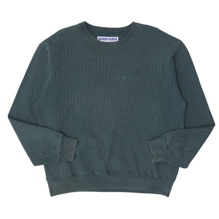 Vintage Embroidered Champion Logo Ribbed Fleece Green Sweatshirt
