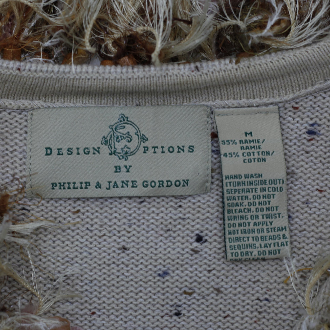 Vintage Ladies Design Options Cardigan Sweater M Owl Feather Cotton Gordon Ivory Orange OOAK