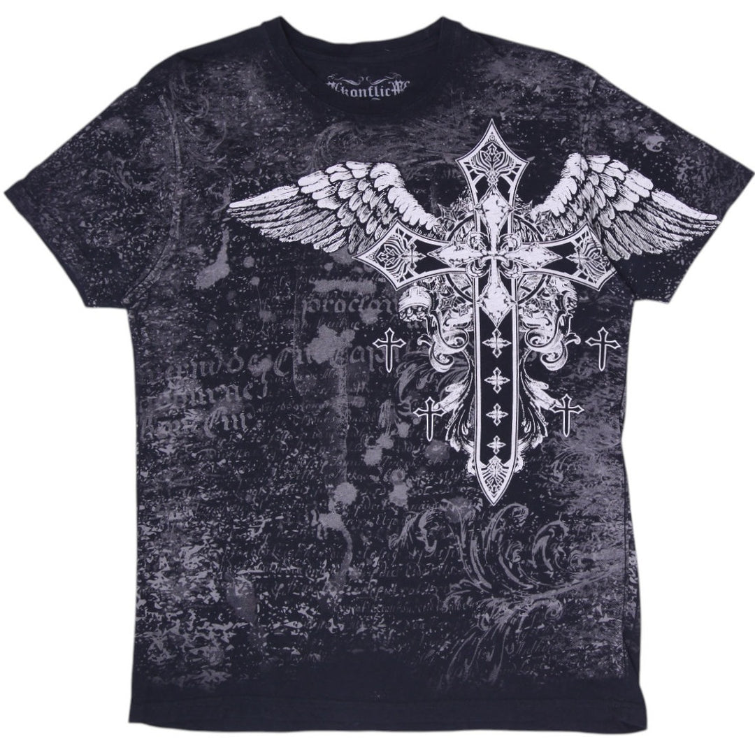 Y2K Mens Akonflic Winged Cross Gothic Graphic T-Shirt Black Acid Wash Size L
