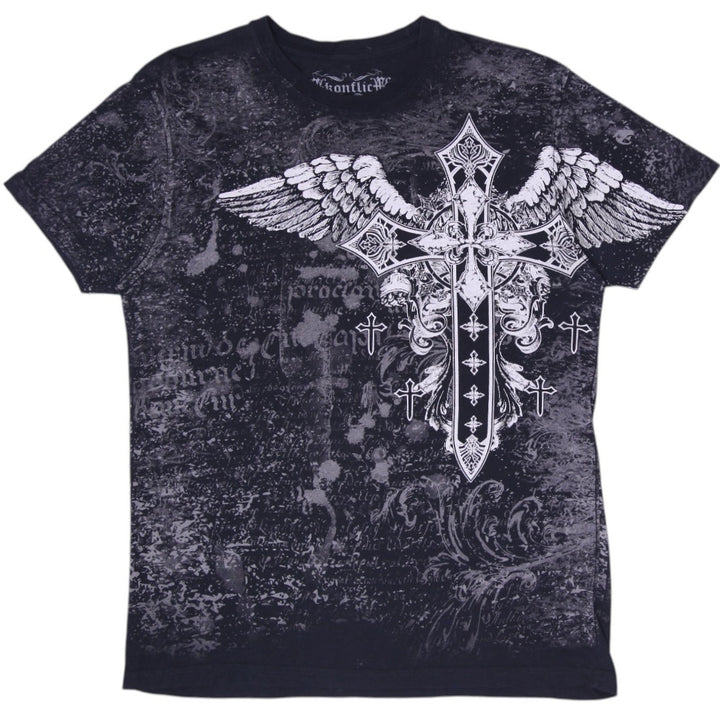 Y2K Mens Akonflic Winged Cross Gothic Graphic T-Shirt Black Acid Wash Size L