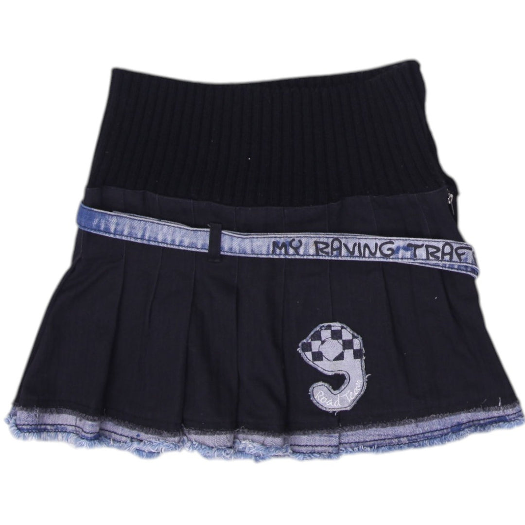 Y2K Ladies Black Denim Pleated Mini Skirt Size XS | Migration_Skirts - Side View | Fashion Rerun