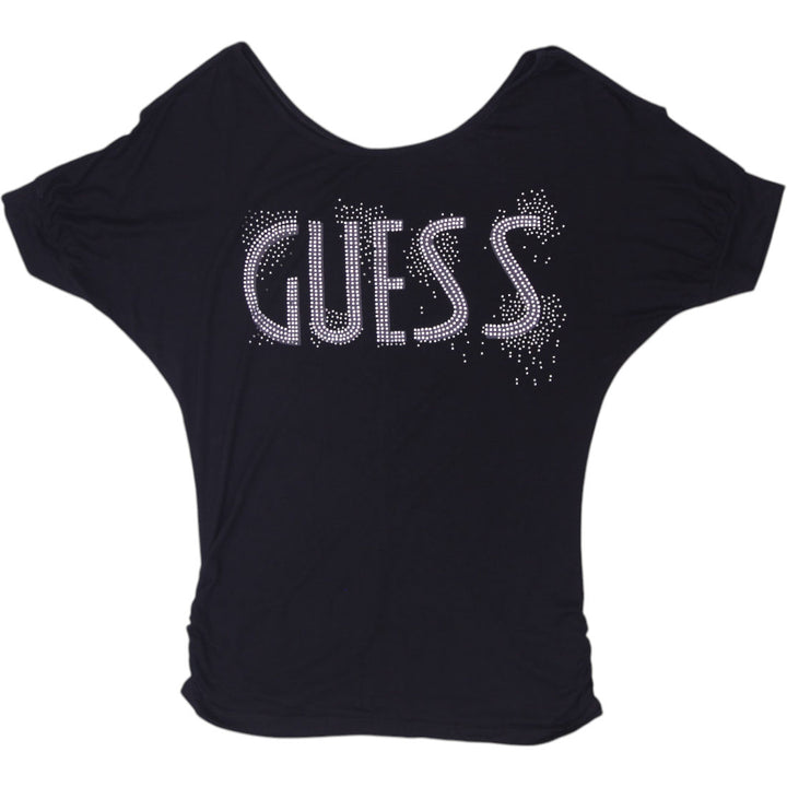 Y2K Ladies Guess by Marciano Bedazzled Crystal Spellout Top Size XL