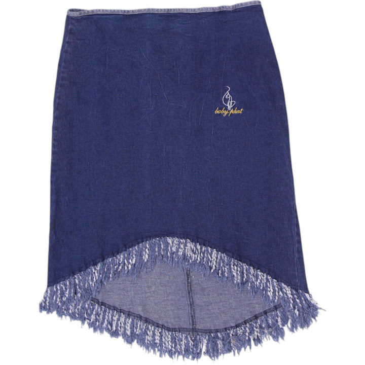 Y2K Ladies Baby Phat Asymmetrical Gold Cat Logo Frayed Fringe Hem Denim Skirt