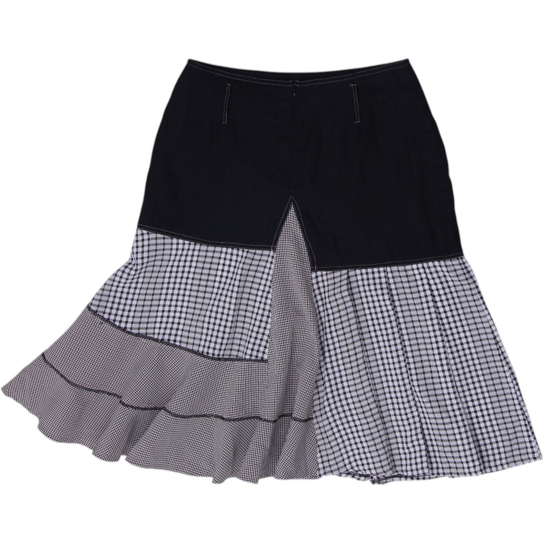 Y2K Ladies Linea Domani Black & Gingham Patchwork Asymmetrical Midi Skirt Size 8