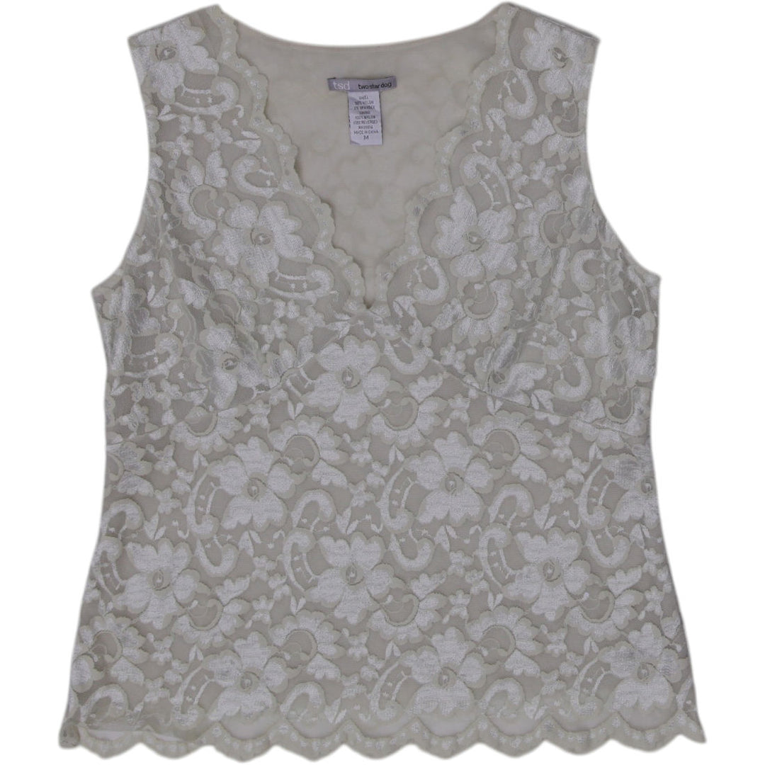 Y2K Ladies Two Star Dog Lace Top Medium Cream Sequin Scalloped V-Neck Cami