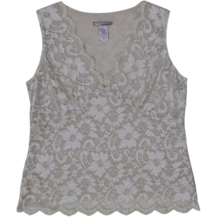 Y2K Ladies Two Star Dog Lace Top Medium Cream Sequin Scalloped V-Neck Cami
