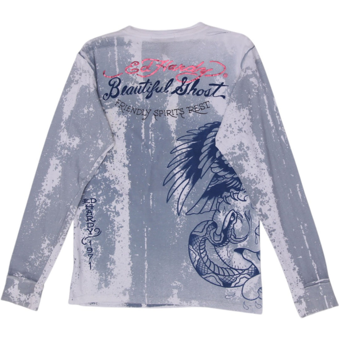 Y2K Mens Ed Hardy Beautiful Ghost Tattoo Graphic Long Sleeve T-Shirt Size L