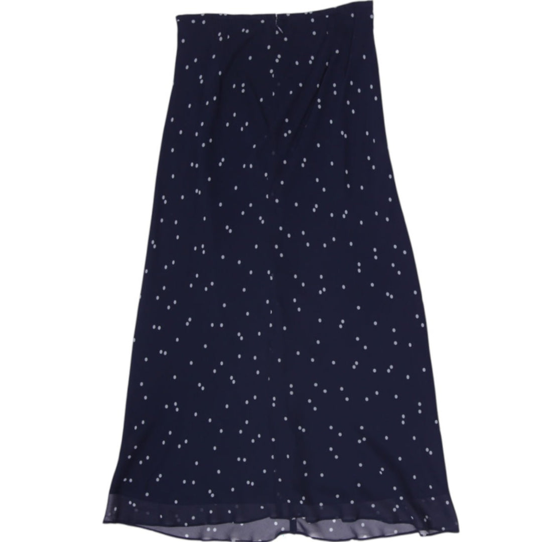 Y2K Ladies Ann Taylor 100% Silk Navy Blue Pin Dot Chiffon Midi Skirt Size 8