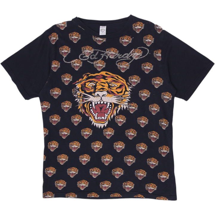 Y2K Mens Ed Hardy Black T-Shirt Tiger Graphic All Over Size 2XL