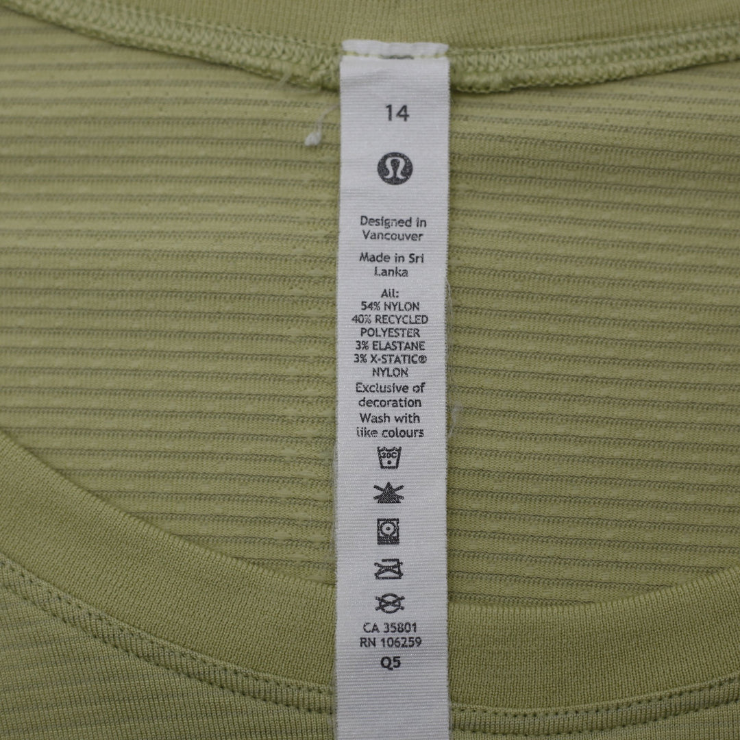 Ladies Lululemon Swiftly Tech Long Sleeve Green Olive Activewear Running 14