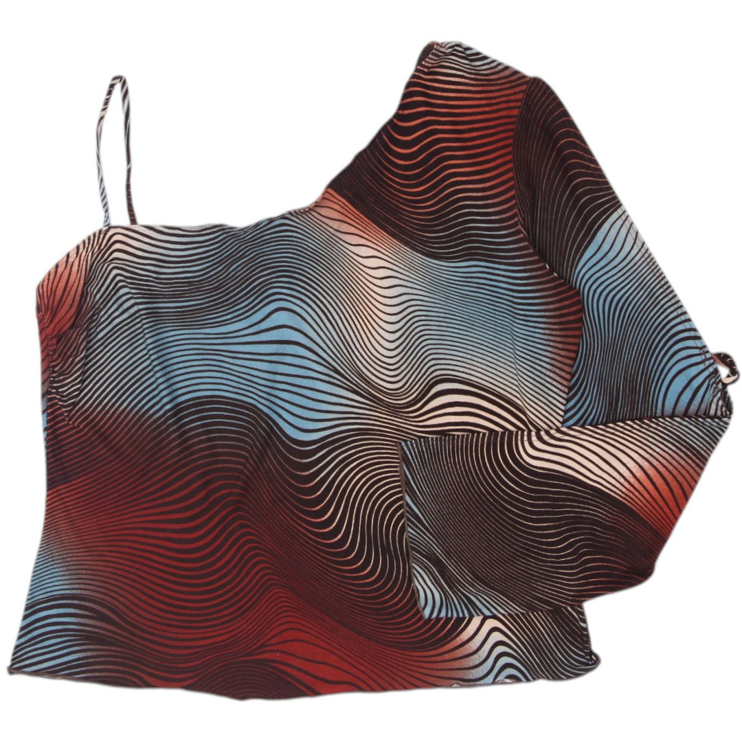 Y2K Ladies RAG One Shoulder Top Optical Wave Print Top Made in USA XL