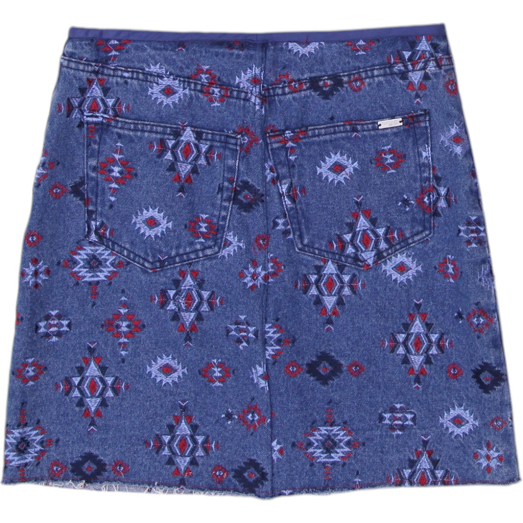 Y2K Ladies Aztec Pattern Distressed Hem Blue Denim Skirt Size L | Migration_Skirts - Side View | Fashion Rerun