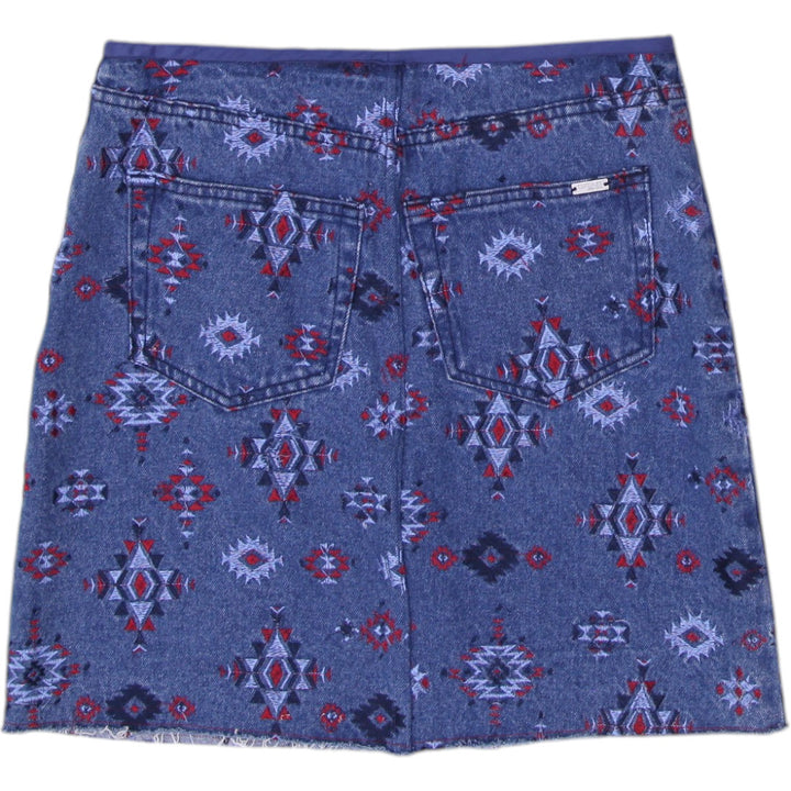 Y2K Ladies Aztec Pattern Distressed Hem Blue Denim Skirt Size L | Migration_Skirts - Side View | Fashion Rerun