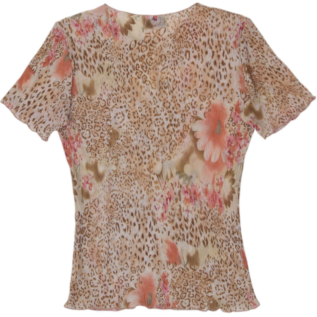 Y2K Ladies Ninety Petites Floral Leopard Plissé Mesh Top Size S Made is USA