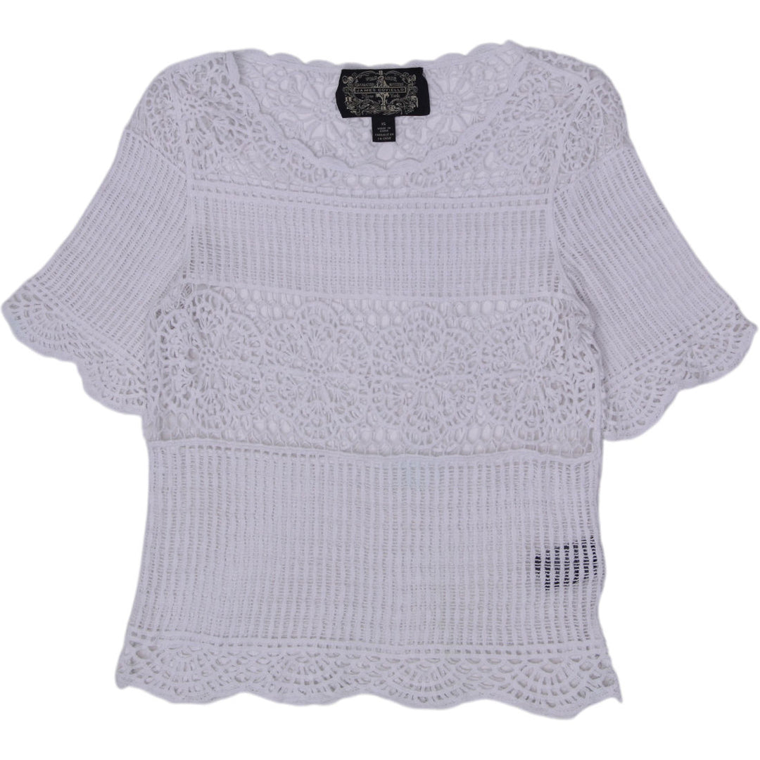 Y2K Ladies James Coviello New York White 100% Cotton Crochet Knit Top Size XS