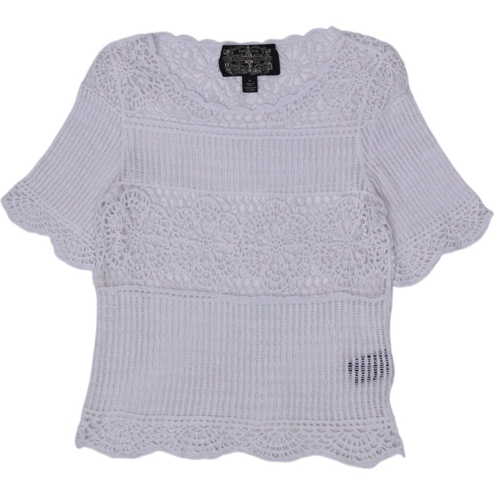 Y2K Ladies James Coviello New York White 100% Cotton Crochet Knit Top Size XS