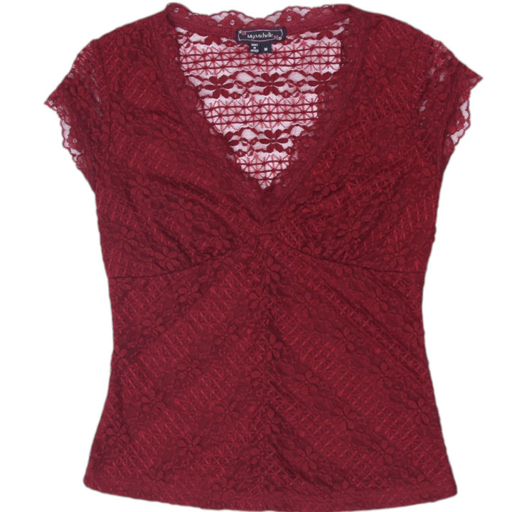 Y2K Ladies My Michelle Burgundy Floral Lace Cap Sleeve Top Size M