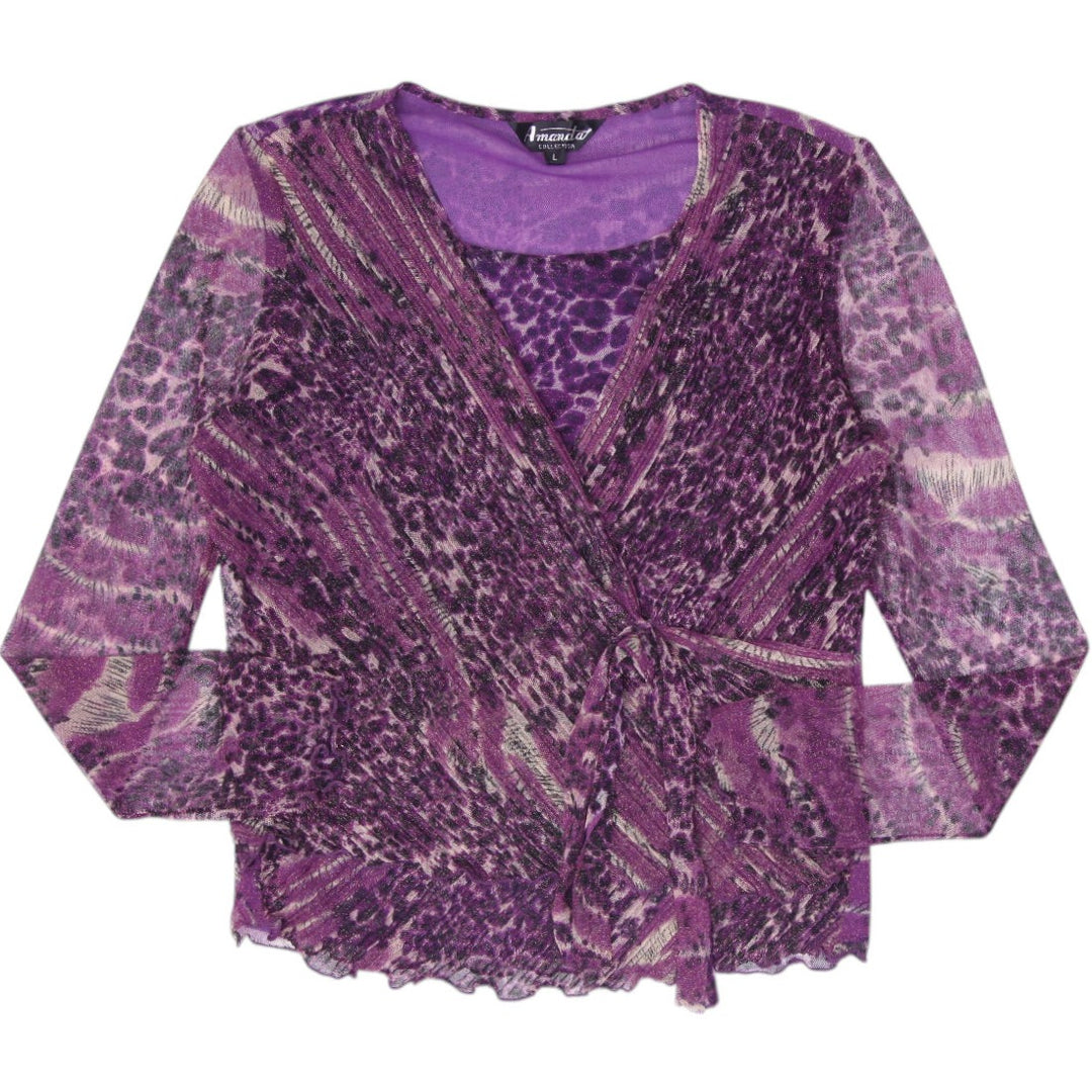 Y2K Ladies Amanda Collection Purple Leopard Mesh Layered Faux Wrap Top Size L