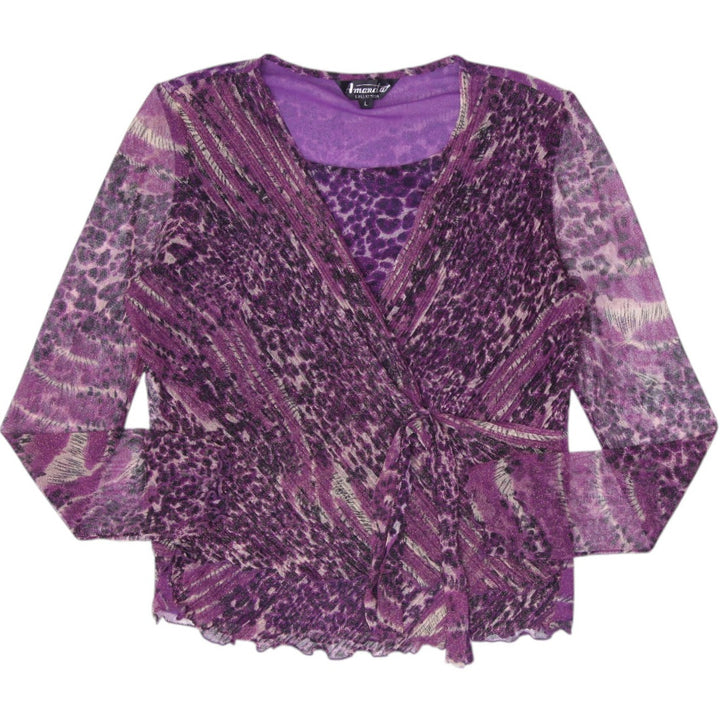 Y2K Ladies Amanda Collection Purple Leopard Mesh Layered Faux Wrap Top Size L