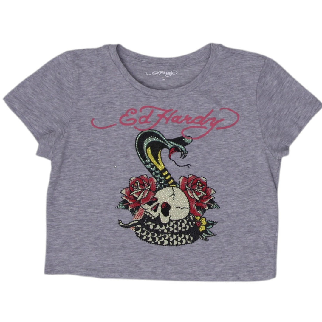 Y2K Ladies Ed Hardy Skull Graphic Cotton T-Shirt Size L | Migration_Y2K Tops | Fashion Rerun