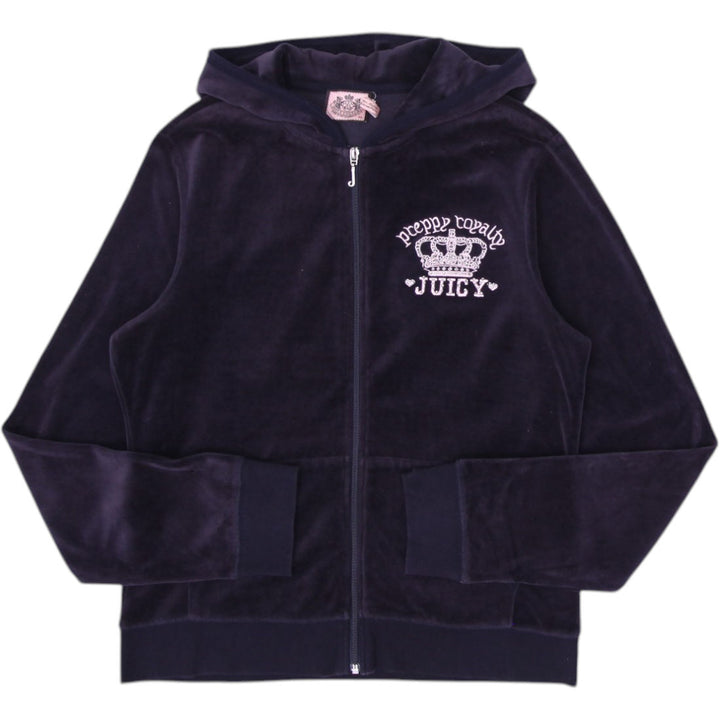 Y2K Ladies Juicy Couture Hoodie Navy Velour Full Zip Crown Logo XXL