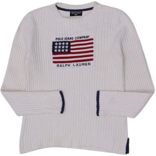 Vintage Ladies Polo Jeans Company Ralph Lauren Cream Ribbed American Flag Knit Sweater