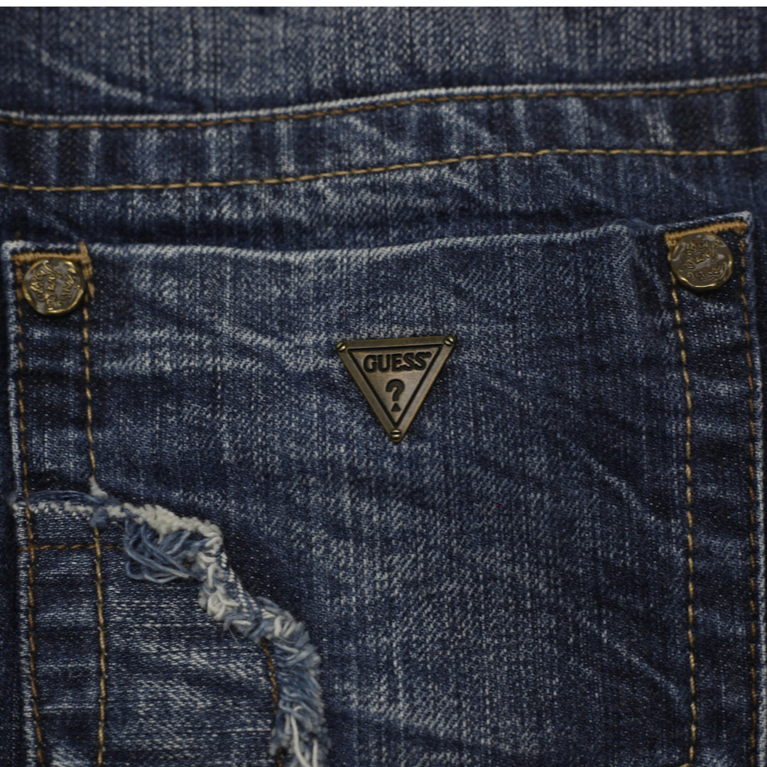 Y2K Ladies Guess Jeans Skirt Blue Denim Distressed Style Size 27